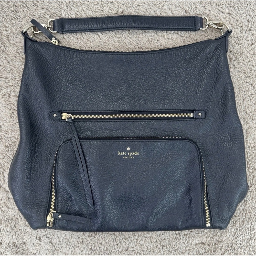 Kate‎ Spade New York Purse Black Leather Shoulder Bag Gold Hardware Zip Pockets